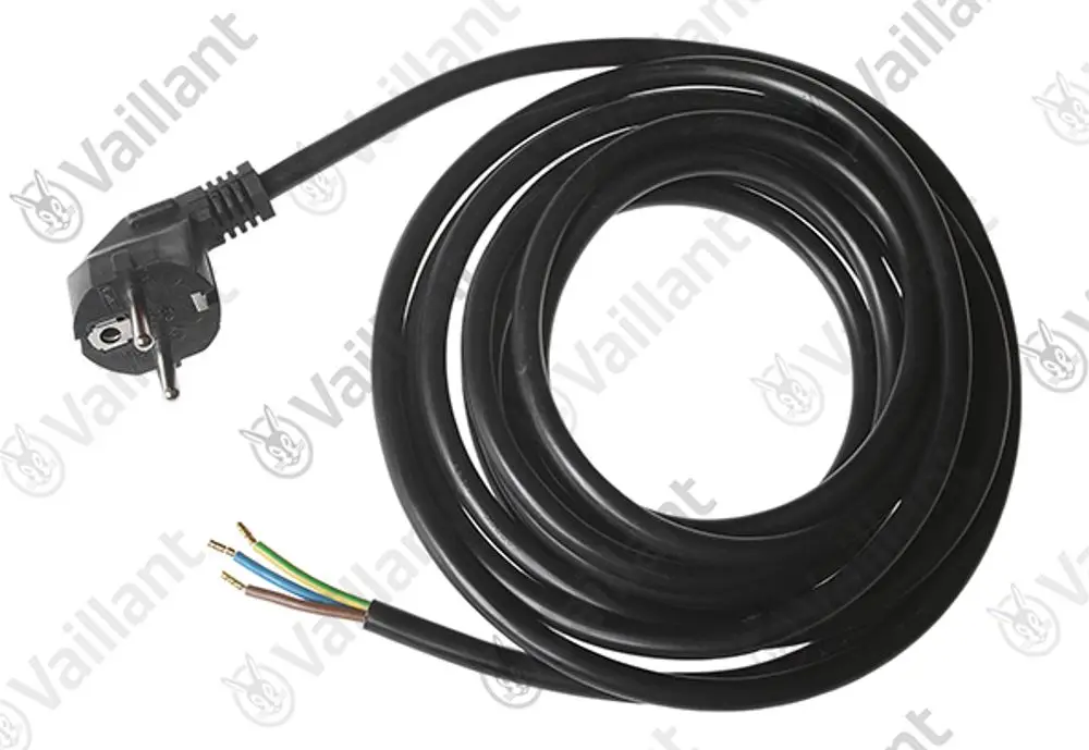 Schwarzes Netzkabel mit einem Stecker und drei Adern in Blau, Braun und Gelb-Grün, geeignet für Geräte der Marke Vaillant.